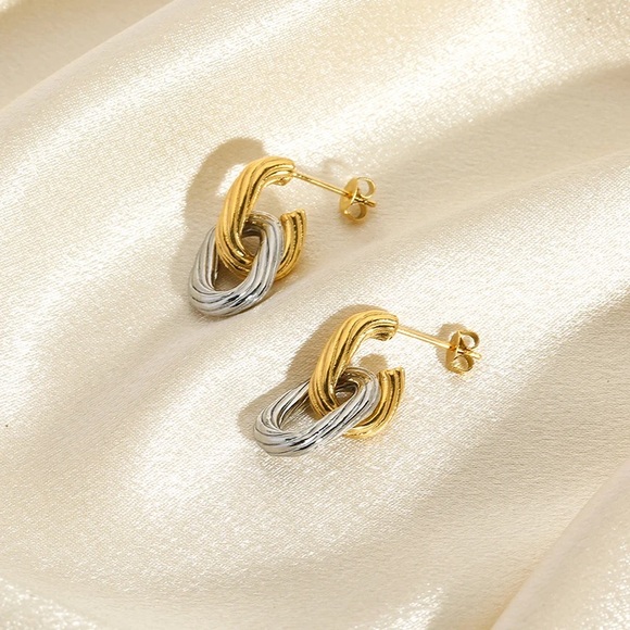 Two Tone Earrings*Mixed Metal Bicolor Earrings*Gold Textured Earrings*Waterproof - Picture 3 of 5